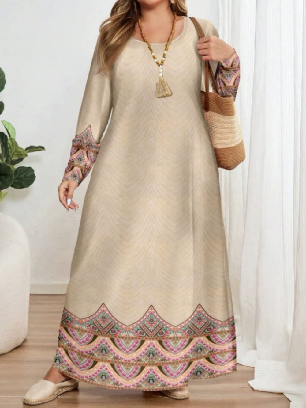 Loose Printed Round Neck Long Robe Dress